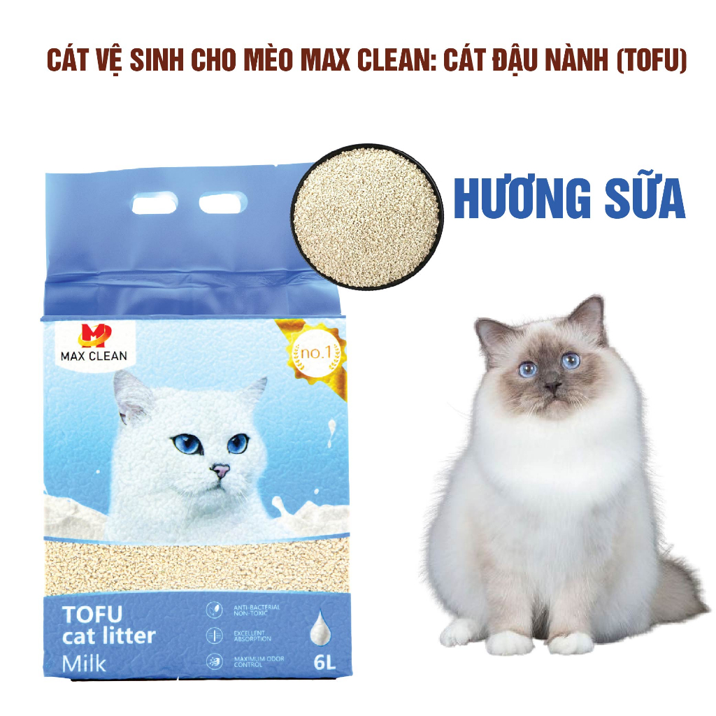 Cát vệ sinh cho mèo Max Clean, Cát đậu nành mùi sữa hạt nhuyễn 2,5 kg 6 lít - Max Clean