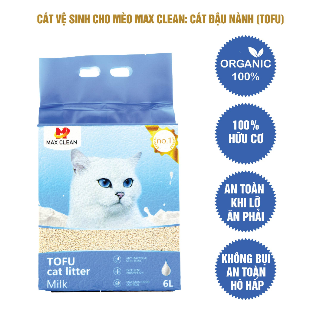 Cát vệ sinh cho mèo Max Clean, Cát đậu nành mùi sữa hạt nhuyễn 2,5 kg 6 lít - Max Clean