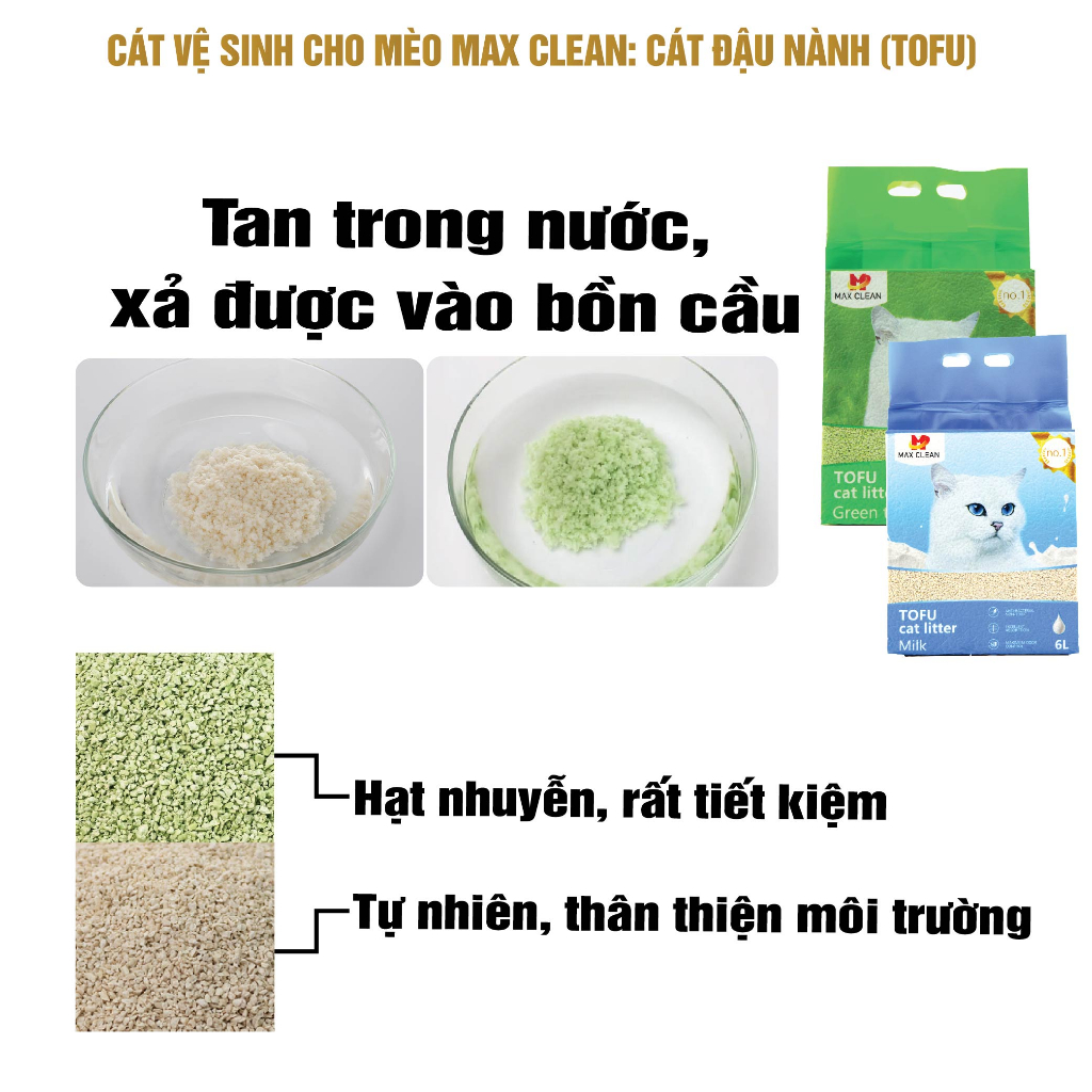 Cát vệ sinh cho mèo Max Clean, Cát đậu nành mùi sữa hạt nhuyễn 2,5 kg 6 lít - Max Clean