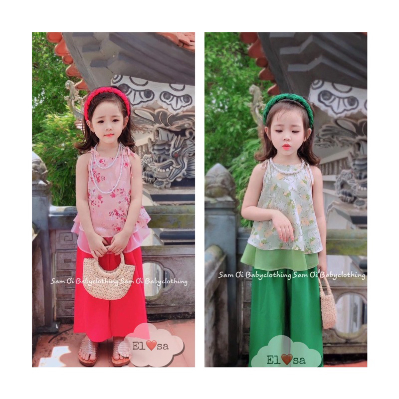 Set áo von hoa 2 tầng quần lụa kèm bờm cho bé gái
