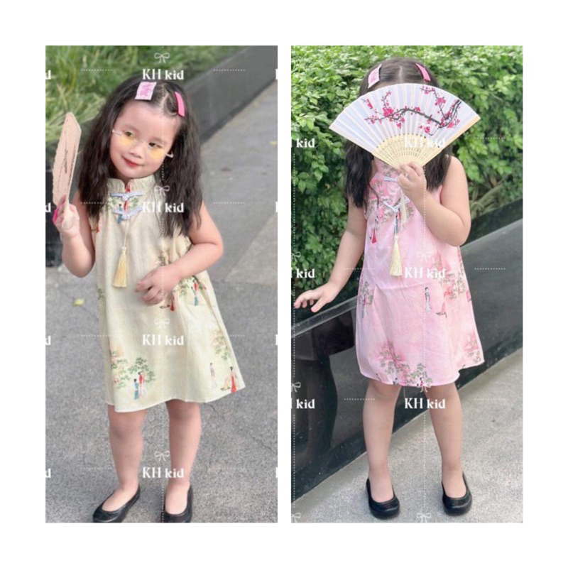 Váy đầm sườn xám trung thu gấm hoa cổ yếm elsa kids cho bé gái