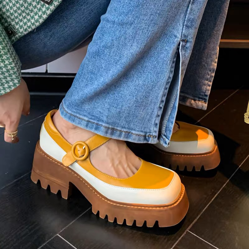 ORDER 🌼 Giày moca mũi vuông phối màu da bò 6cm 34-39