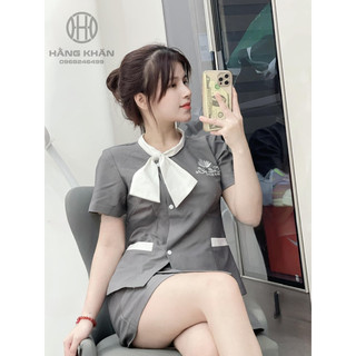 Đồng phục Spa xám ghi nơ trắng vải cotton hàn