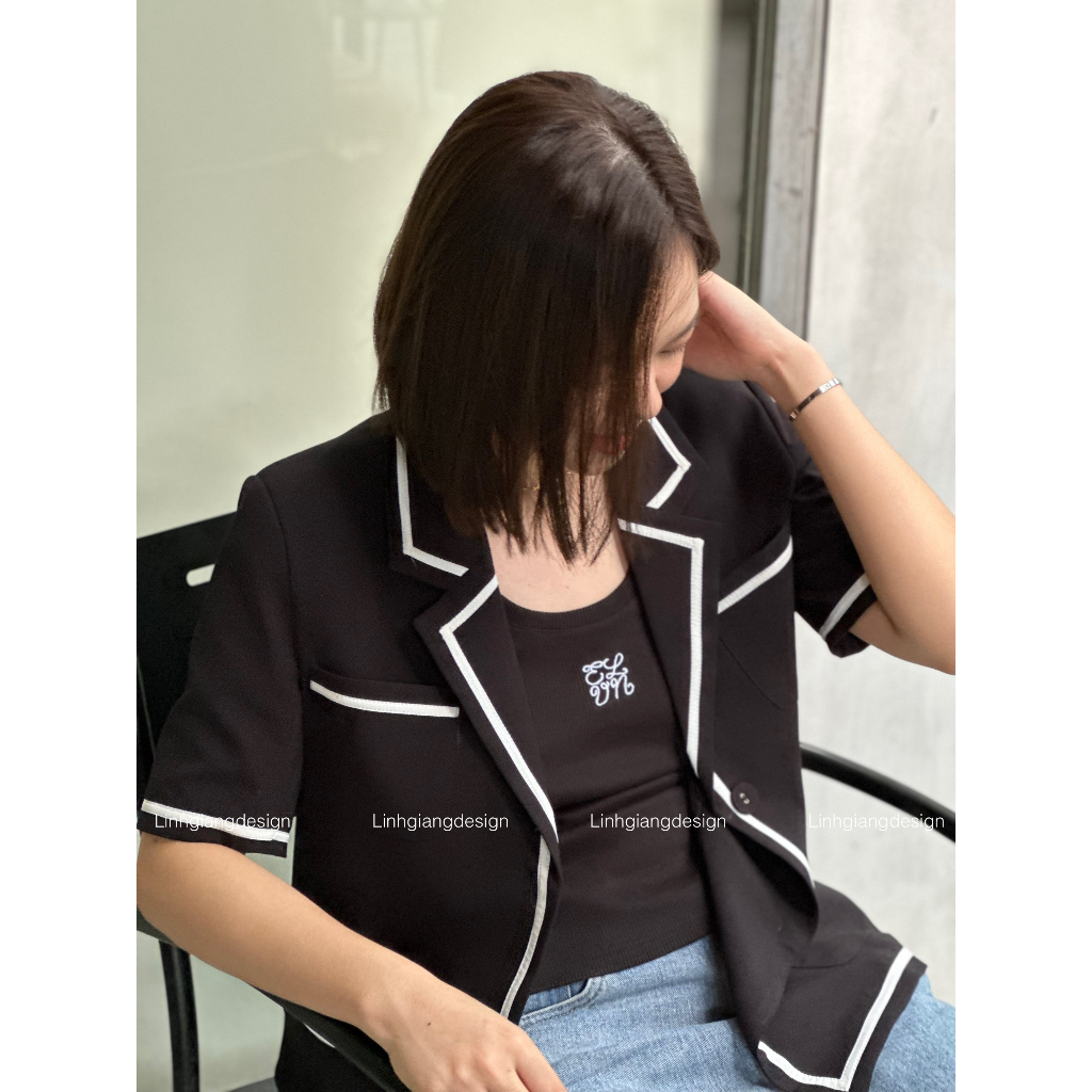 Áo vest ngắn tay 2 lớp viền thời trang nữ cao câp