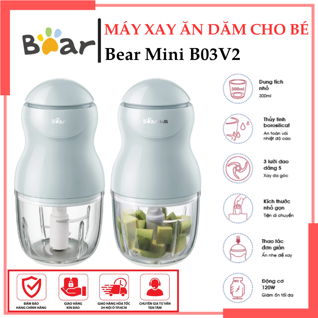 Máy xay mini, xay thịt ăn dặm cho bé Bear B03V2 - Thiết kế nhỏ gọn tiện dụng, Lưỡi dao đa tầng sắc bén, Cối thuỷ tinh