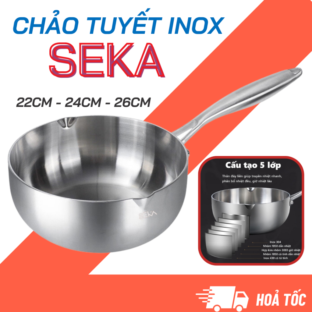 Chảo inox nguyên khối chống dính SEKA dùng cho mọi loại bếp tặng kèm vỉ gác chảo
