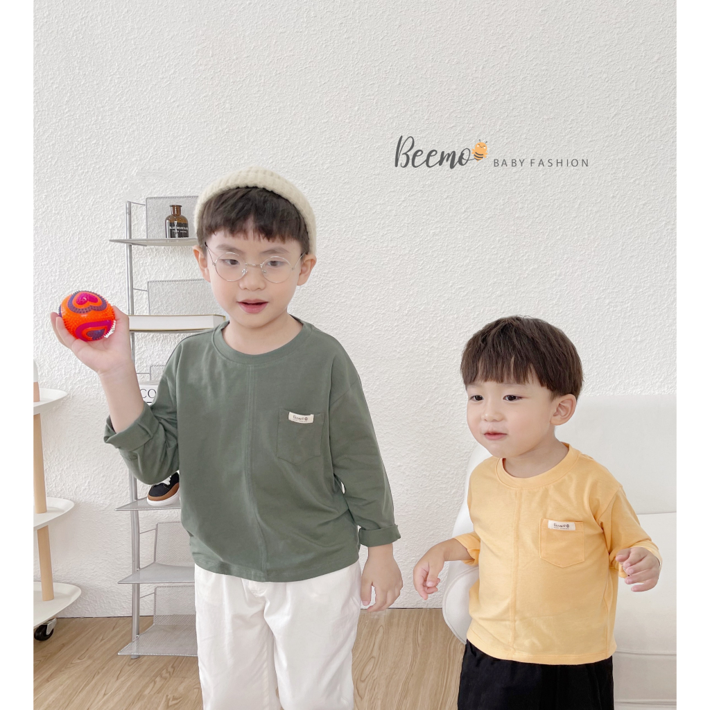 Áo phông Beemo cho bé trai, dài tay phối túi mác basic, đa dạng màu, vải cotton mềm mại mặc thu đông 23301A