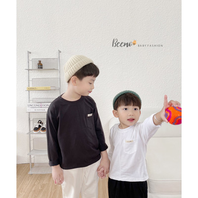 Áo phông Beemo cho bé trai, dài tay phối túi mác basic, đa dạng màu, vải cotton mềm mại mặc thu đông 23301A