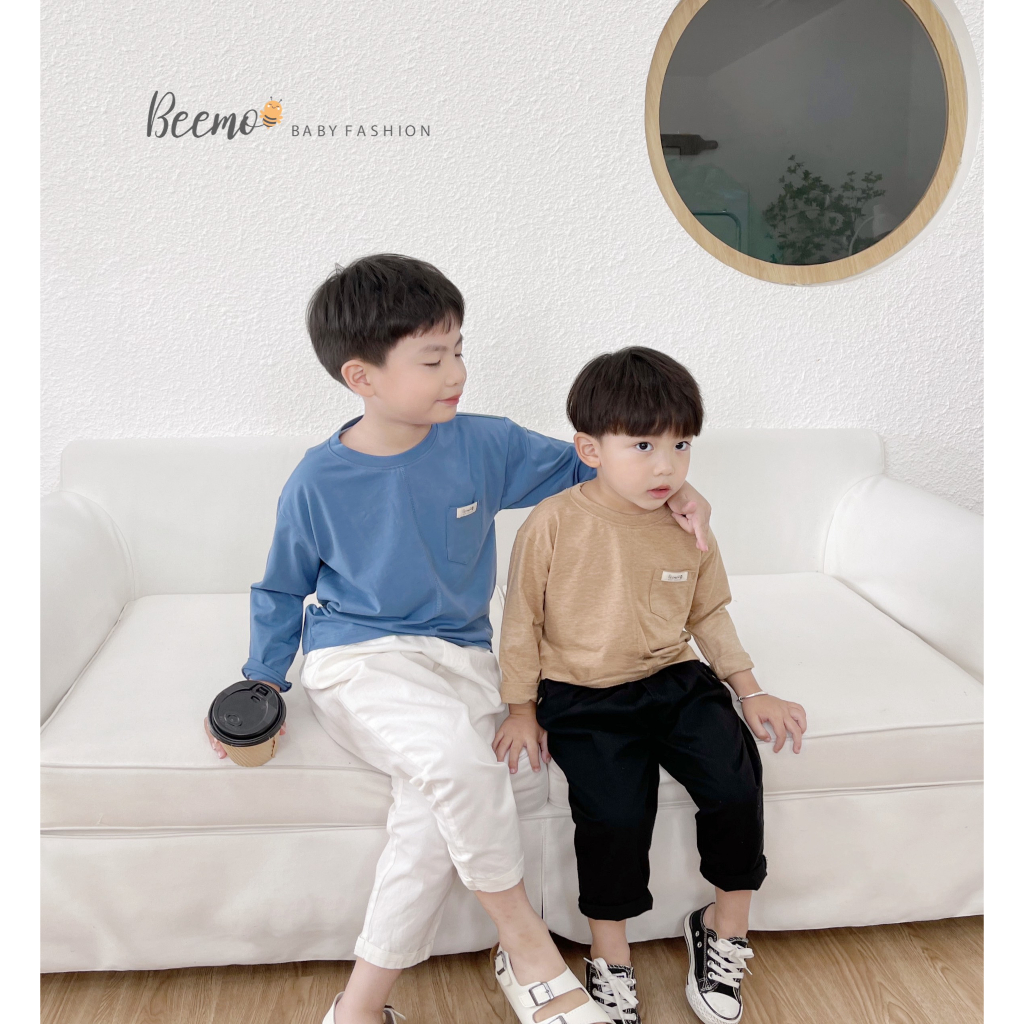 Áo phông Beemo cho bé trai, dài tay phối túi mác basic, đa dạng màu, vải cotton mềm mại mặc thu đông 23301A