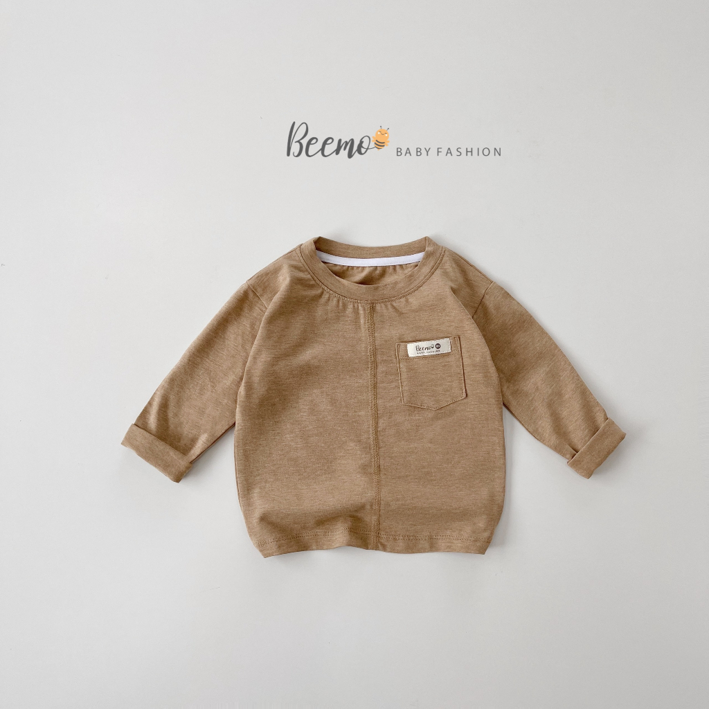 Áo phông Beemo cho bé trai, dài tay phối túi mác basic, đa dạng màu, vải cotton mềm mại mặc thu đông 23301A