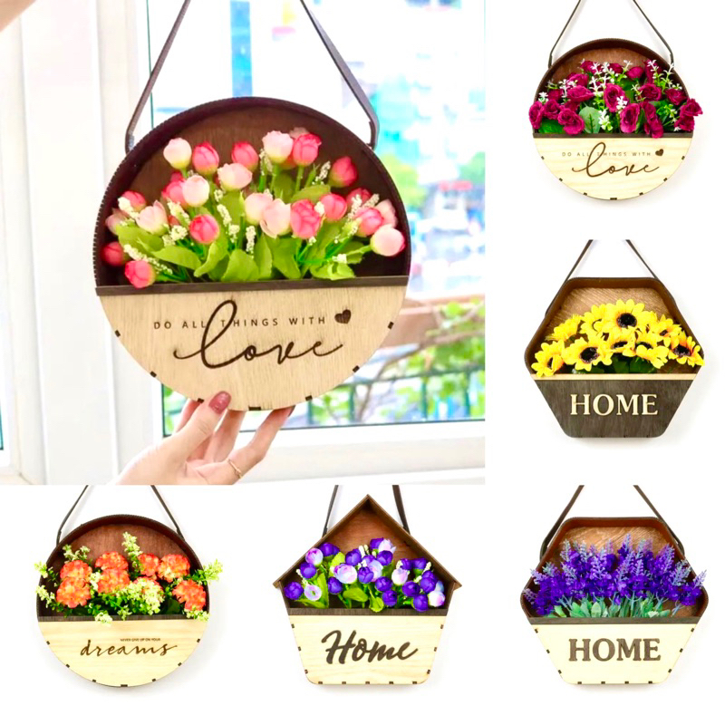 Giỏ hoa gỗ kèm hoa treo tường decor gia đình nhà cửa, cửa hàng và làm quà tặng