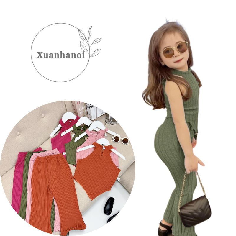 Bộ bé gái thun gân cổ yếm quần ống loe 4 mầu (ảnh thật) 10-30kg XHN1285