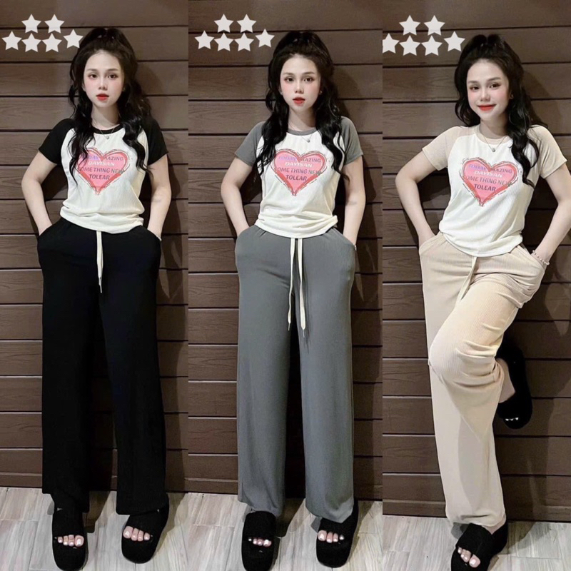 SET ÁO CROPTOP CỔ TRÒN TRÁI TIM PHỐI QUẦN DÀI ỐNG SUÔNG