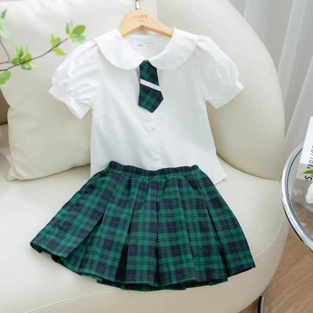 Chân váy kẻ đi học bé gái ILABY xếp ly chất liệu thô kẻ kèm lót quần cho bé 10-35kg 3 màu xanh - đỏ - đen