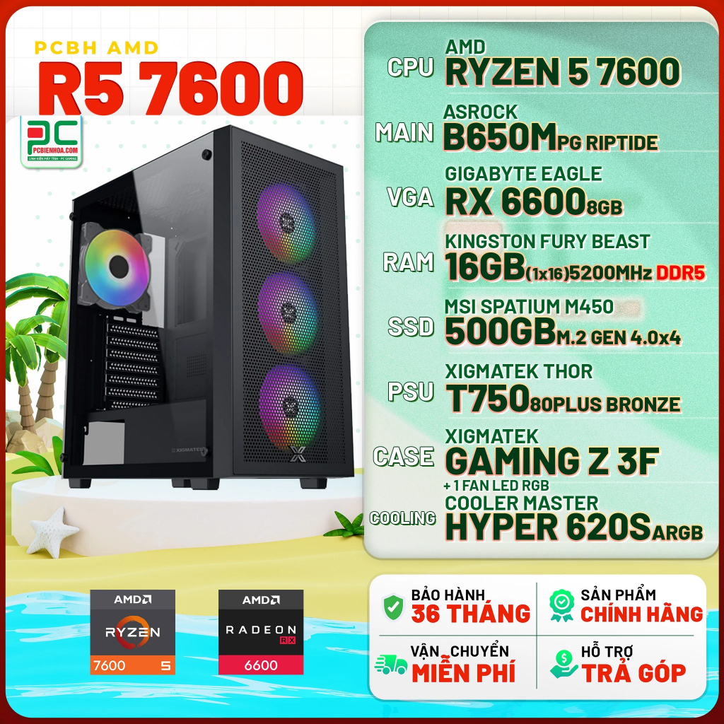 PCBH AMD R5 7600 ( RYZEN 5 7600 / B650M / RX 6600 8GB / 16GB / 500GB )