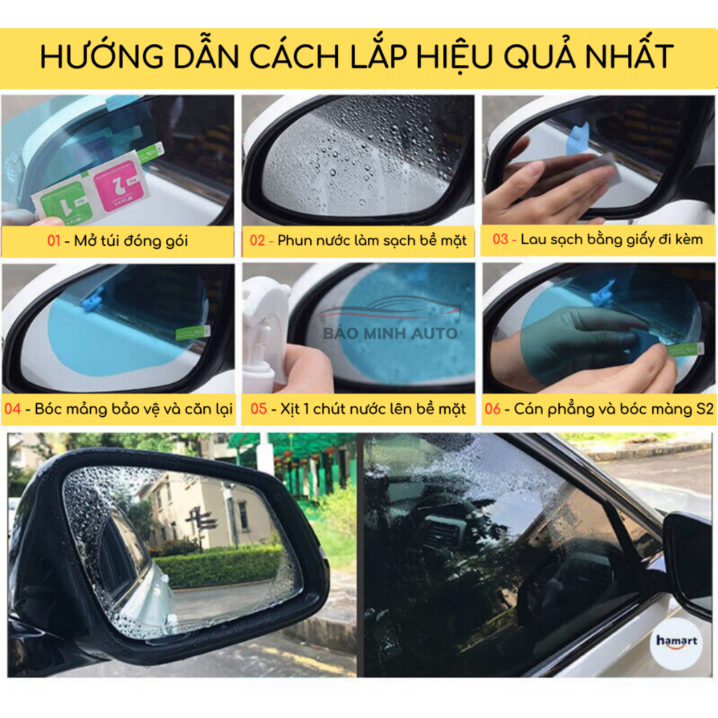 Miếng dán chống bám nước ô tô Bảo Minh Auto giúp cho quan sát tốt hơn và giảm độ chói sáng đèn tạo an toàn khi lái xe