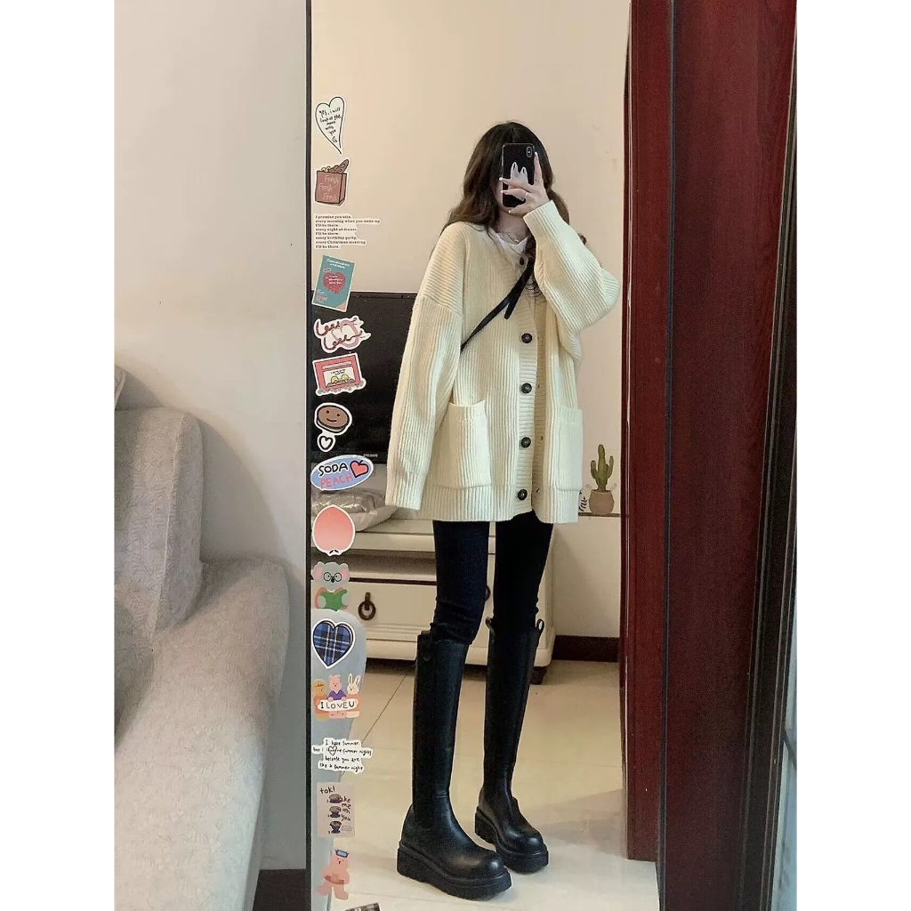 Cardigan len quảng châu dáng rộng, Áo khoác len nữ cadigan dáng dài  tông màu vintage basic mặc đi học, đi chơi