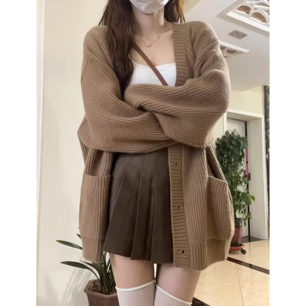 Cardigan len quảng châu dáng rộng, Áo khoác len nữ cadigan dáng dài  tông màu vintage basic mặc đi học, đi chơi