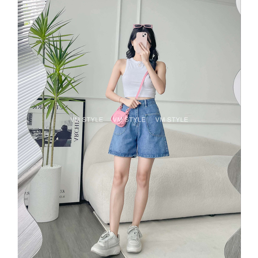 Quần short jean nữ VMSTYLE lai thường 2 túi trước cạp cao 307 - SJU00029