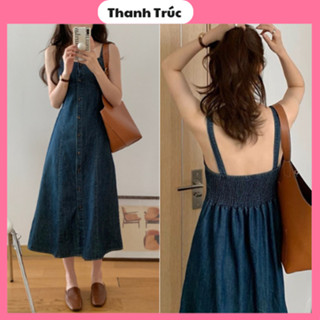 Váy yếm jean demin chun lưng hai dây cúc trước váy yếm bò denim dáng xòe váy yếm jean đầm jean 2 dây