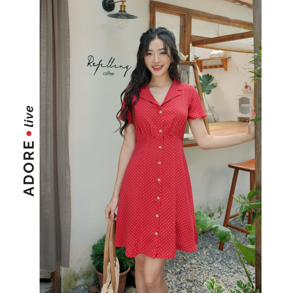 Đầm Mini dresses cổ 2 ve lụa chấm bi đỏ  và chấm bi vàng cổ 2 ve 321DR1074  ADORE DRESS