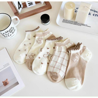 Combo 5 đôi vớ nữ gam màu nâu phối trắng cổ điển thanh lịch thời trang tất cổ ngắn đến mắt cá giá rẻ bán chạy