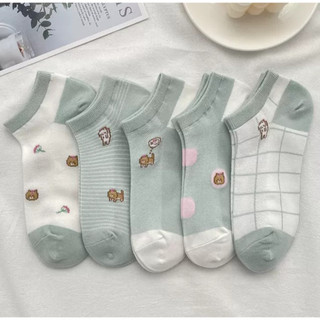 Combo 5 đôi vớ nữ cổ ngắn in hình mèo đơn giản gam màu xanh trắng pastel xinh xắn đáng yêu tất giá rẻ bán chạy