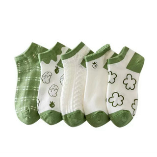 Combo 5 đôi Vớ nữ cổ ngắn màu xanh trắng họa tiết hoa kèm túi đựng thoáng khí tất giá rẻ basic đơn giản bán chạy
