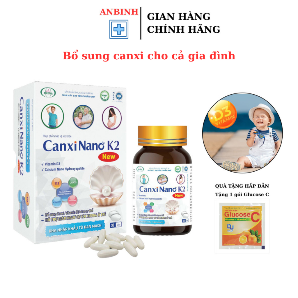 Viên uống Canxi Nano K2 bổ sung canxi cho cả gia đình, hỗ trợ phát triển chiều cao của trẻ - Hộp 30 viên