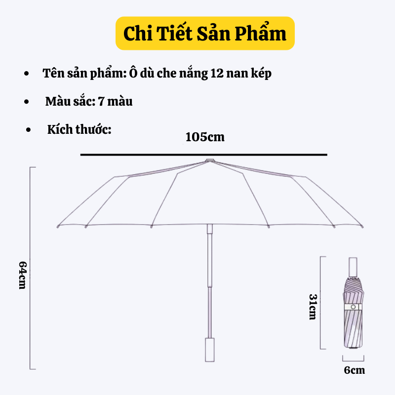 Ô Dù NAMIKO Che Mưa Đi Nắng 12 Nan Kép Tán Rộng Chống UV