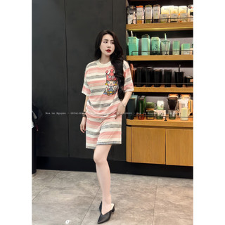 Bộ len kẻ hồng hình thêu đáp