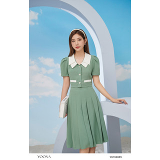 Set áo sơ mi cổ sen phối chân váy xếp ly đũi xanh YOONA - YH13X039