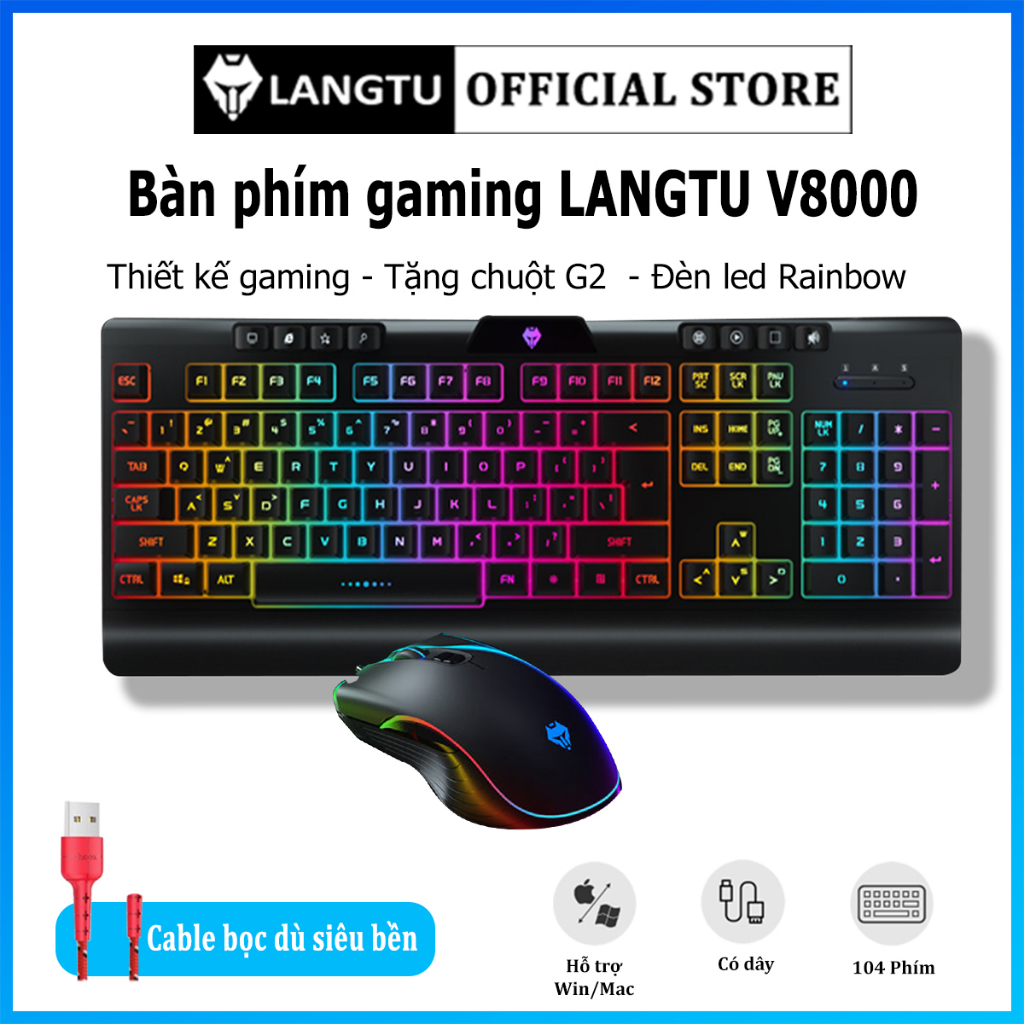 Bàn Phím Giả Cơ Gaming LANGTU V8000 Phụ Kiện Laptop Pc Có Đèn Led Kèm Chuột LT09