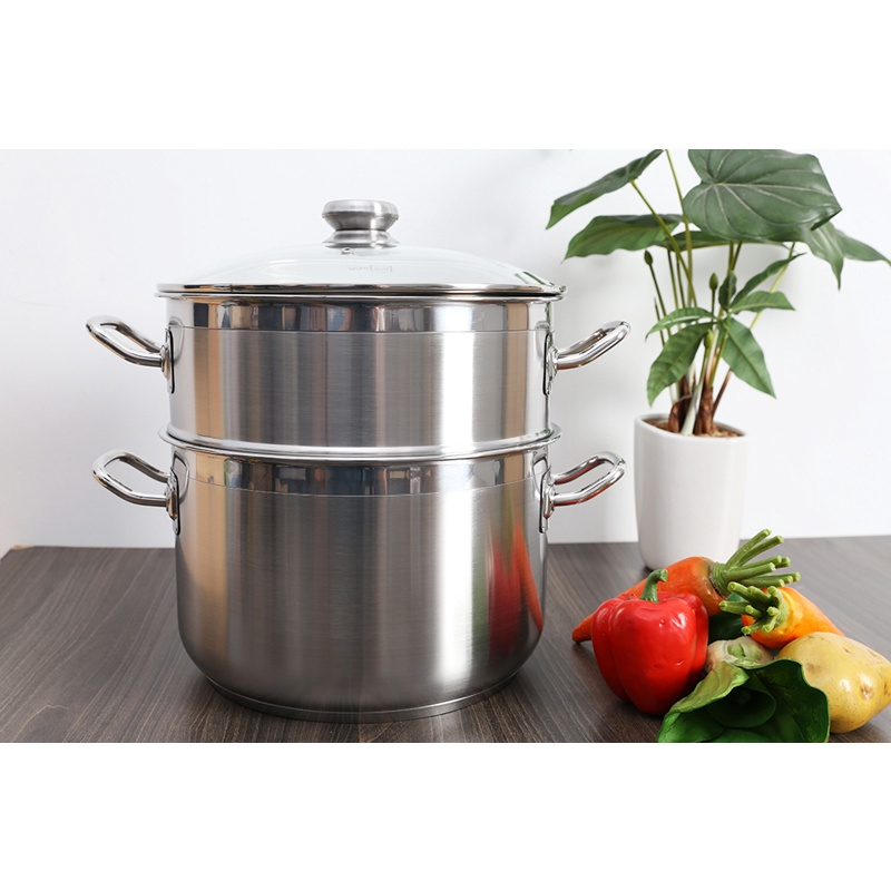 Bộ Nồi Xửng Hấp 3 Đáy Inox FIVESTAR Nắp Kính  Size 26/28/30/32cm chính hãng
