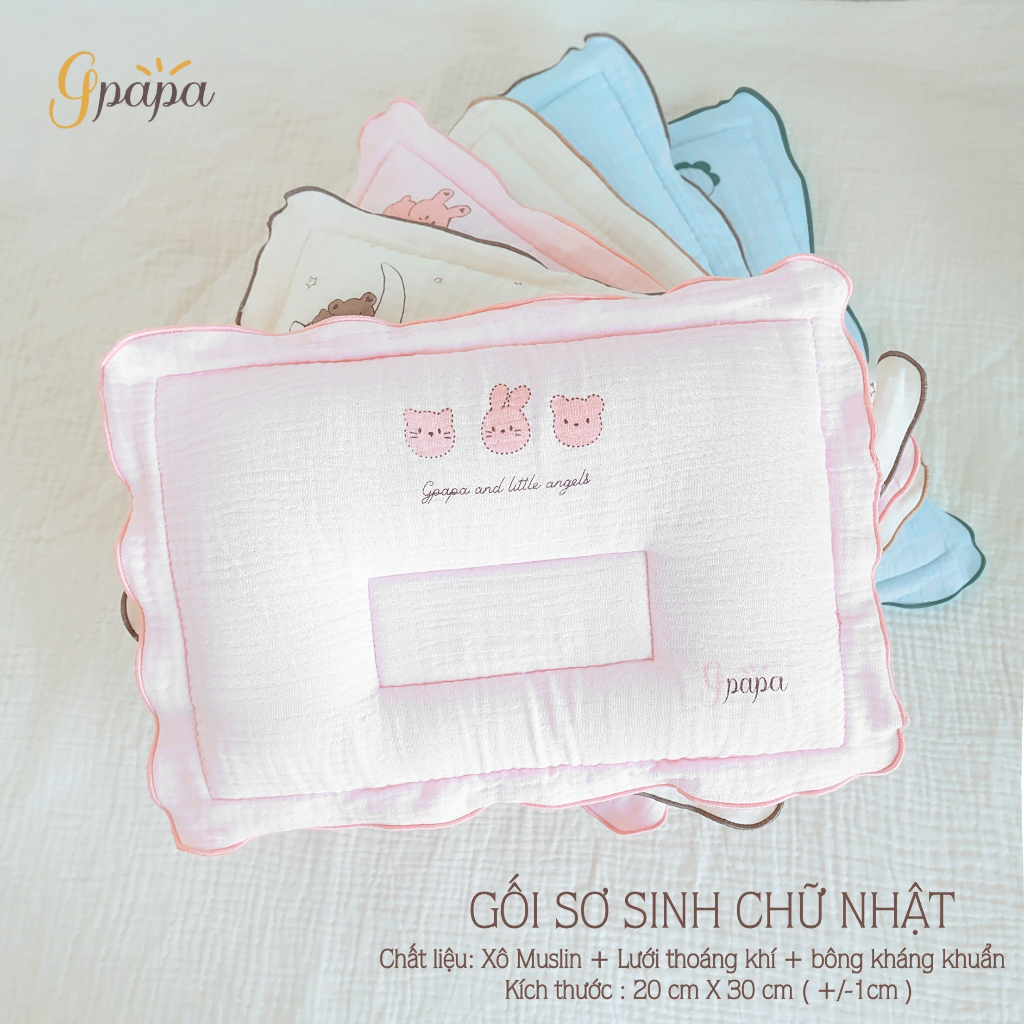 Gối sơ sinh chữ nhật chất liệu vải xô muslin cao cấp  Gpapa in họa tiết xinh xắn