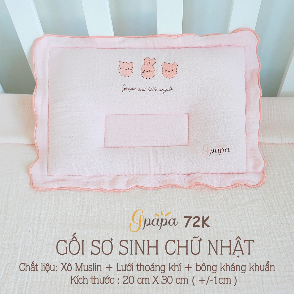 Gối sơ sinh chữ nhật chất liệu vải xô muslin cao cấp  Gpapa in họa tiết xinh xắn