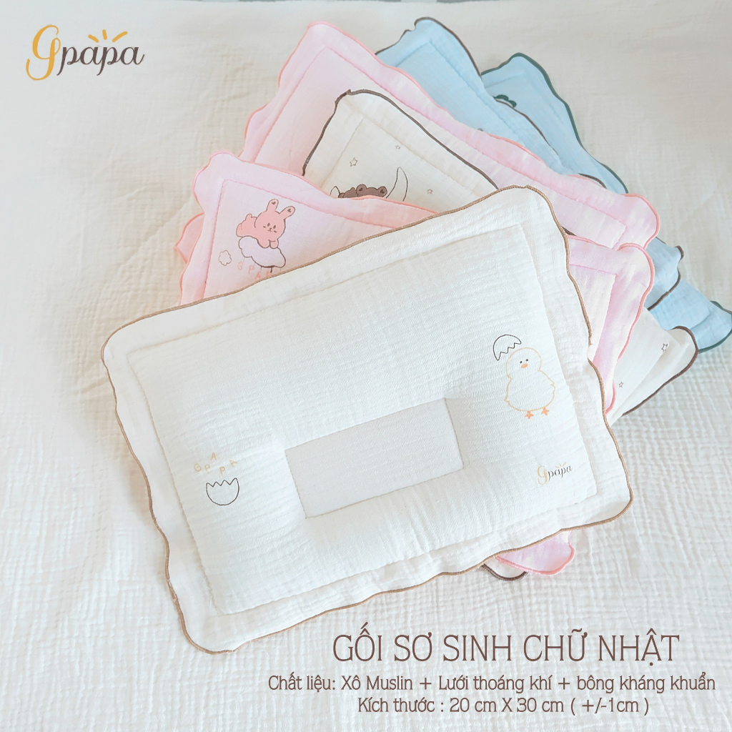 Gối sơ sinh chữ nhật chất liệu vải xô muslin cao cấp  Gpapa in họa tiết xinh xắn