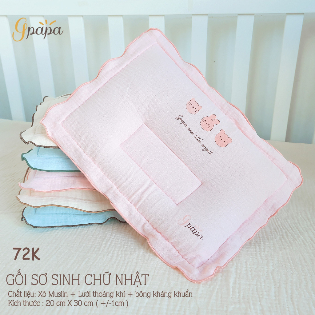 Gối sơ sinh chữ nhật chất liệu vải xô muslin cao cấp  Gpapa in họa tiết xinh xắn