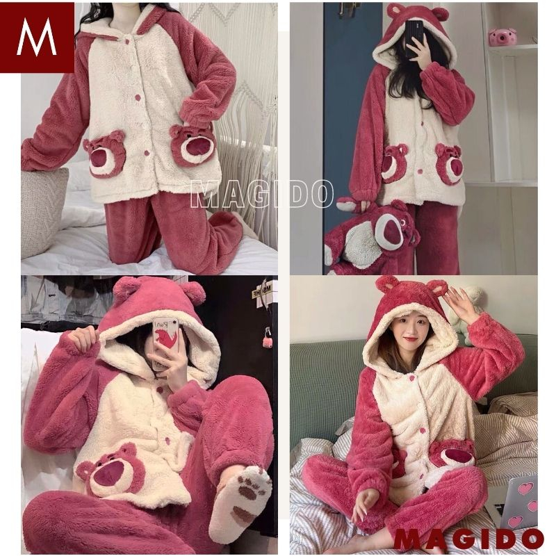 Bộ Quần Áo Lông Gấu Dâu - Set Đồ Ngủ Dày Dặn Họa Tiết Hoạt Hình Chú Gấu Dâu Tây Dễ Thương Cute Mùa Đông - MAGIDO BL13