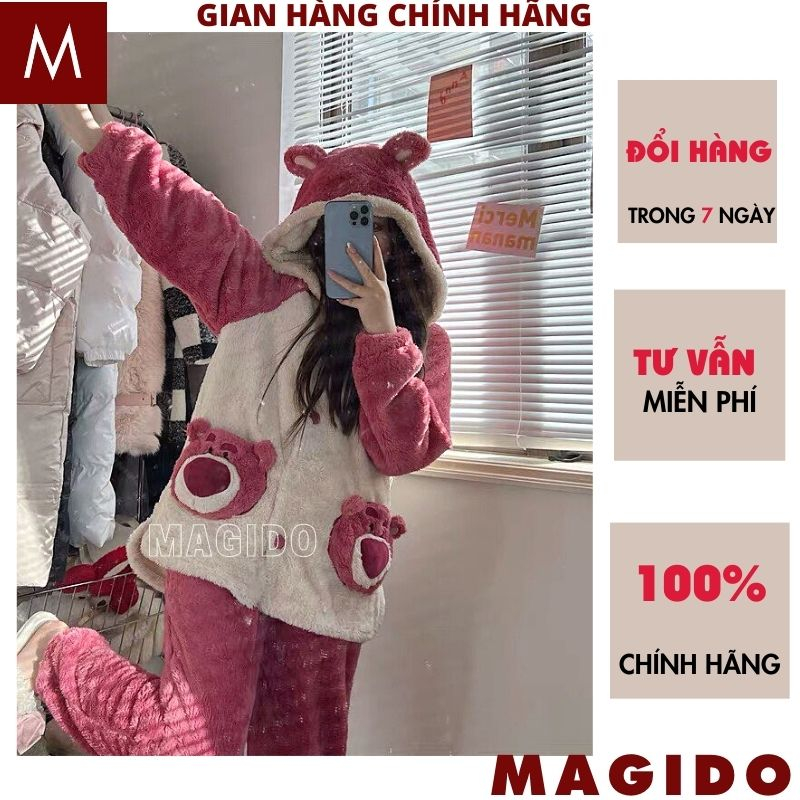 Bộ Quần Áo Lông Gấu Dâu - Set Đồ Ngủ Dày Dặn Họa Tiết Hoạt Hình Chú Gấu Dâu Tây Dễ Thương Cute Mùa Đông - MAGIDO BL13
