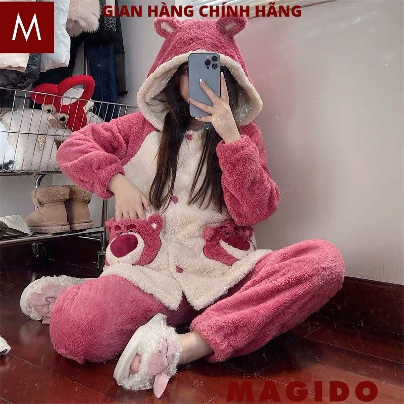Bộ Quần Áo Lông Gấu Dâu - Set Đồ Ngủ Dày Dặn Họa Tiết Hoạt Hình Chú Gấu Dâu Tây Dễ Thương Cute Mùa Đông - MAGIDO BL13