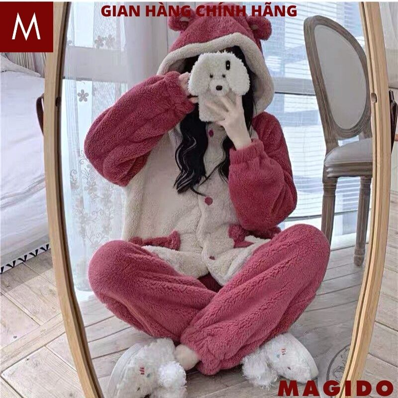 Bộ Quần Áo Lông Gấu Dâu - Set Đồ Ngủ Dày Dặn Họa Tiết Hoạt Hình Chú Gấu Dâu Tây Dễ Thương Cute Mùa Đông - MAGIDO BL13
