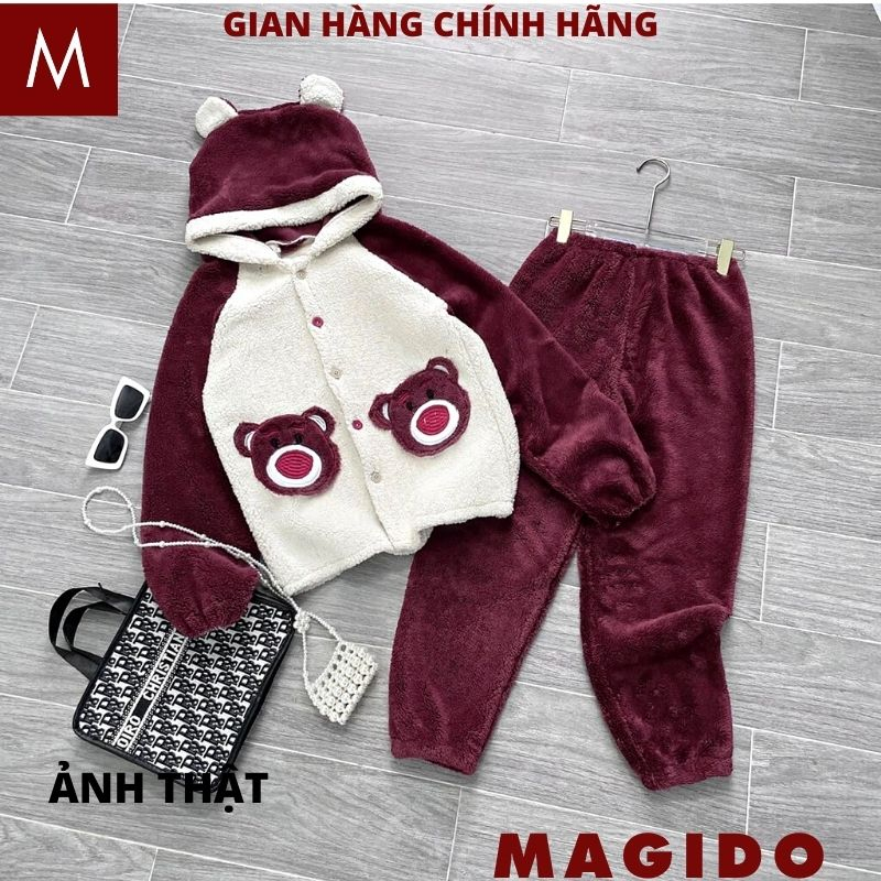 Bộ Quần Áo Lông Gấu Dâu - Set Đồ Ngủ Dày Dặn Họa Tiết Hoạt Hình Chú Gấu Dâu Tây Dễ Thương Cute Mùa Đông - MAGIDO BL13