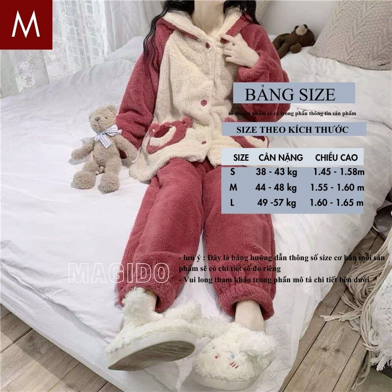Bộ Quần Áo Lông Gấu Dâu - Set Đồ Ngủ Dày Dặn Họa Tiết Hoạt Hình Chú Gấu Dâu Tây Dễ Thương Cute Mùa Đông - MAGIDO BL13