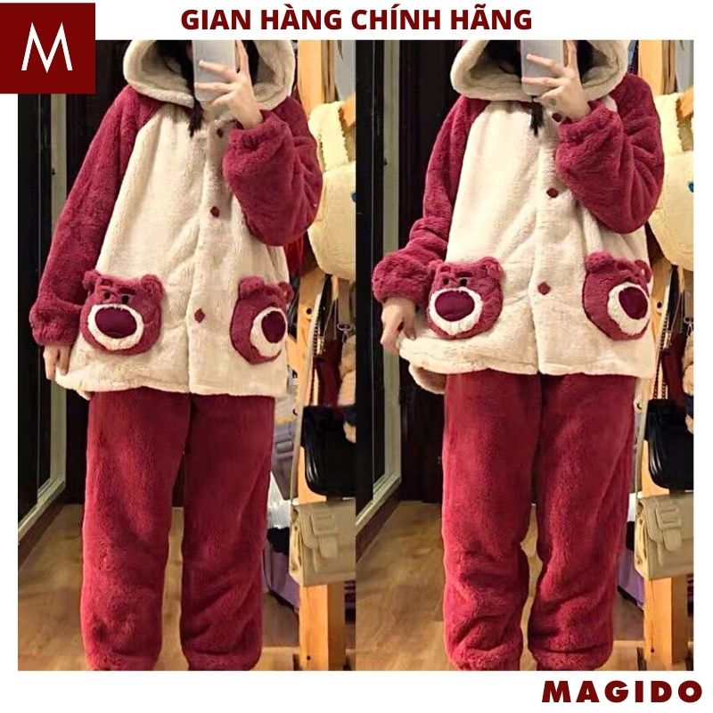 Bộ Quần Áo Lông Gấu Dâu - Set Đồ Ngủ Dày Dặn Họa Tiết Hoạt Hình Chú Gấu Dâu Tây Dễ Thương Cute Mùa Đông - MAGIDO BL13