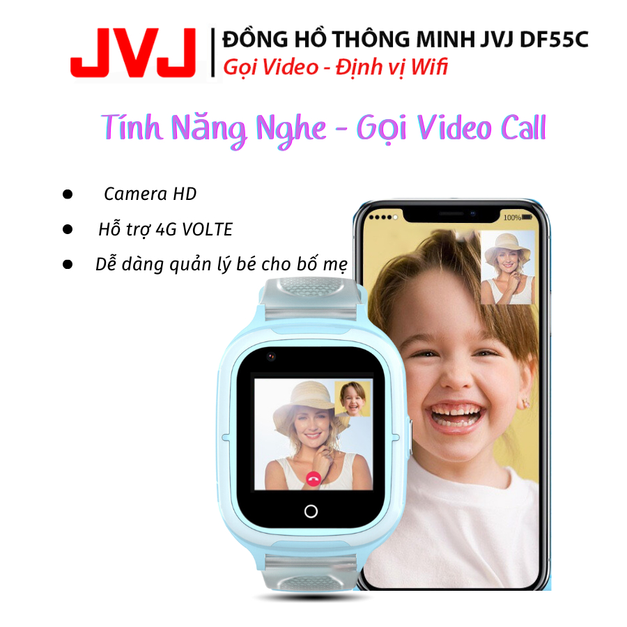 Đồng hồ thông minh trẻ em JVJ DF55C Nghe gọi 2 chiều,Tiếng Việt,Gọi video, Định vị Wifi,Kháng nước IP67- Bảo hành 12T