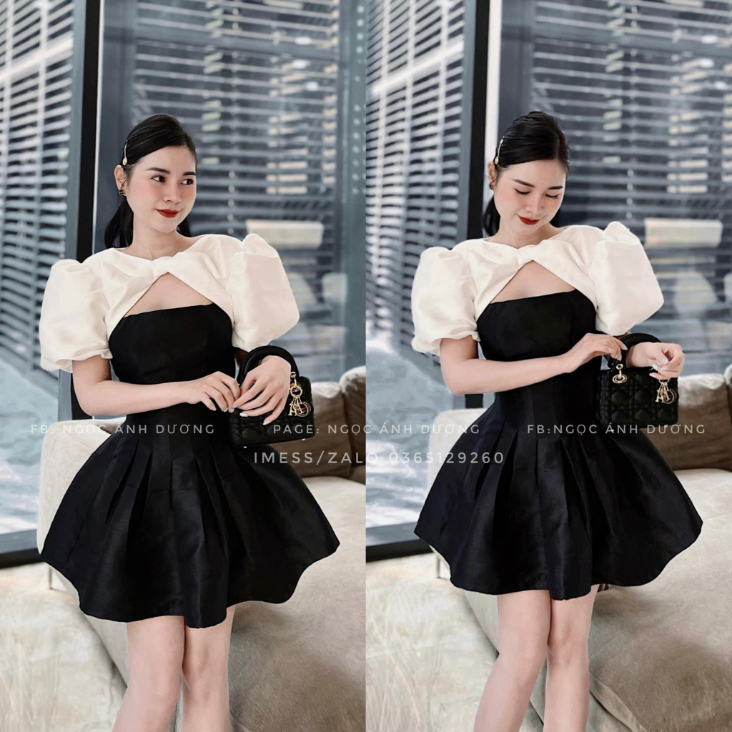Đầm váy nữ tafta xếp ly xòe phối xoắn ngực tay phồng xinh xắn, sang chảnh dành cho các nàng diện đi chơi, dự tiệc