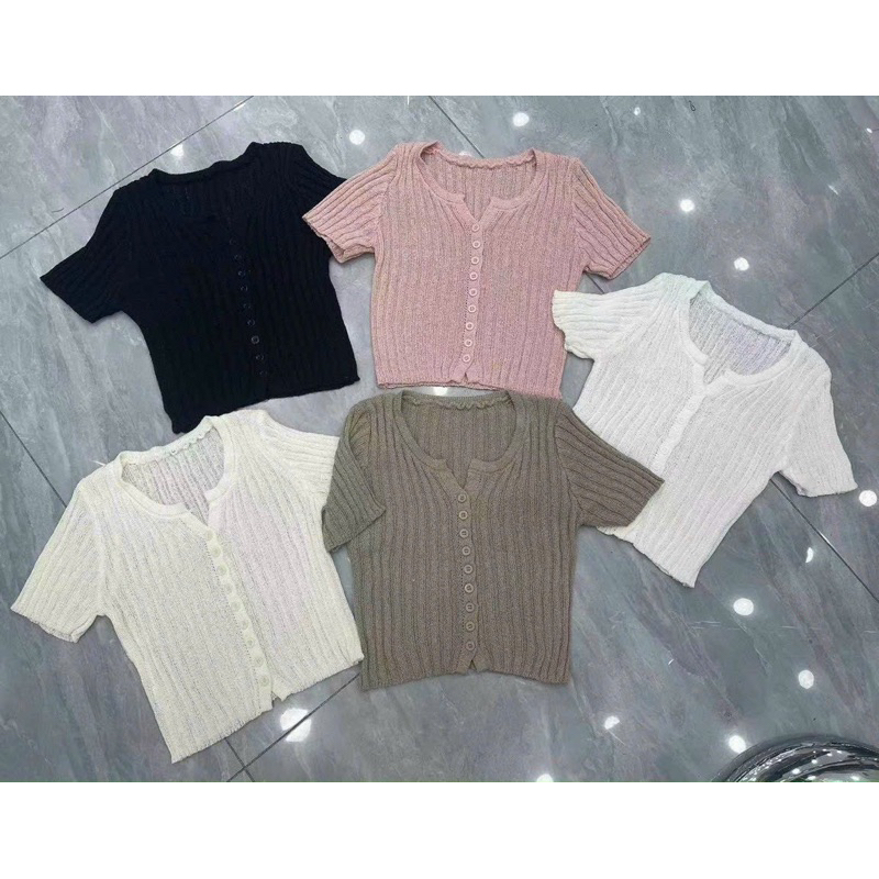 Áo len xốp đũa cộc tay khuy cài dáng croptop hàng quảng châu A202