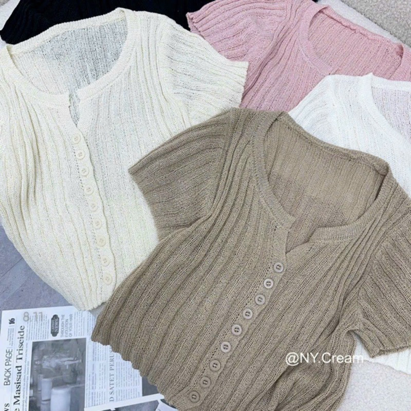 Áo len xốp đũa cộc tay khuy cài dáng croptop hàng quảng châu A202