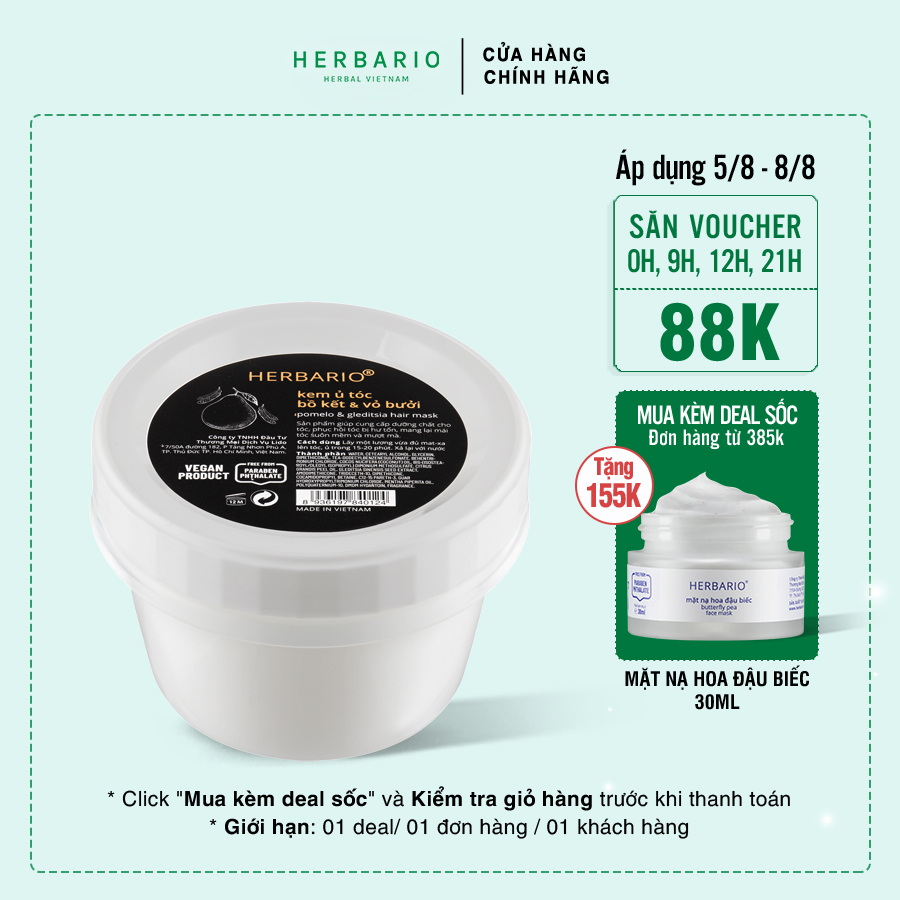 Kem ủ tóc bồ kết & vỏ bưởi herbario 200ml giúp tóc óng ả, mềm mại
